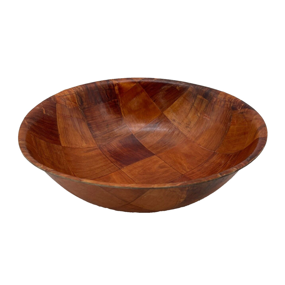 Woven Wood Salad Fruit Rustic Bread Bowl Serving Dish 9.75" Retro Decorative